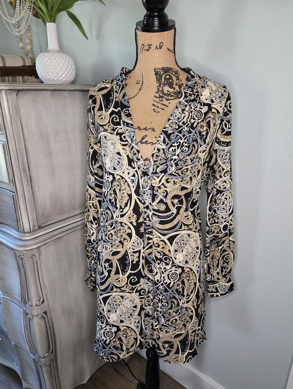 H&M Black Dress with Gold and Cream Baroque Print